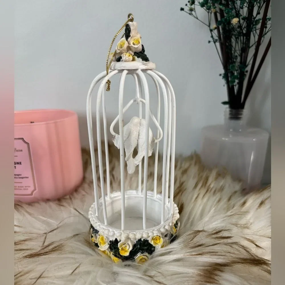 Shabby Chick White Yellow Floral Cage That Hangs with 2 Lovebirds